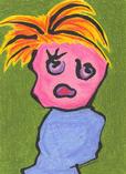 female cartoon character, punk rock, short hair cut style, long eyelashes, baby blue sweater, eclectic woman