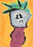 green haired male cartoon character, gray face, pondering boy