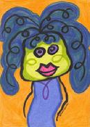 big blue haired woman, swirly, curly hair, voluptuous womanly lips, female cartoon character