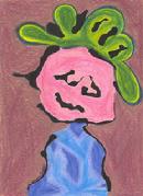 argyle sweater, pink baby face, curly loopy green hair, kid art