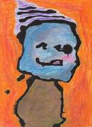 snowman, cheerful creature, purple cap, tongue sticking out, happy child, abstract art