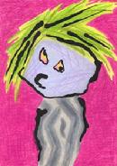michevious boy, purple face, googly eyes, funny comic, humorous cartoon character