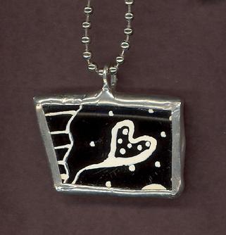 white heart black dinnerware broken china mosaic soldered pendant