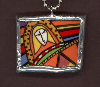 colorful contemporary broken china mosaic of woman soldered pendant