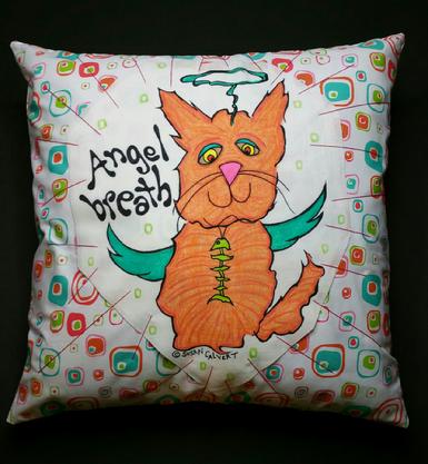 Zany Cat Angel Pillow, Orange Tabby, Fish skeleton Necklace