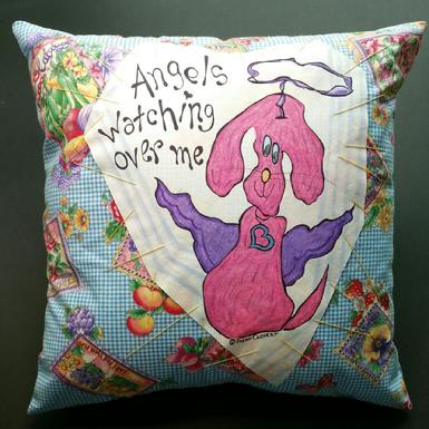 seed packets, fruit fabric, red dog, angel wings, halo, blue plaid fabric, home furnishings, decorative pillow