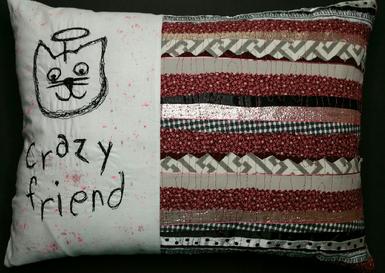 crazy friend accent throw pillow, cat lover gifts, textile art
