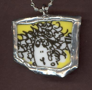 Comical lady with frizzy curly hair on light yellow background pendant