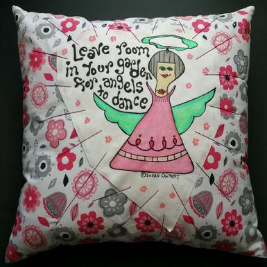 Garden Angel Art Pillow, Dance Home Decoration, Pink and Gray Floral Print, Giftware