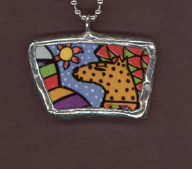 colorful coyote in desert with sun soldered pendant necklace