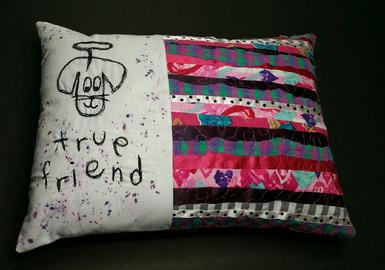handmade quilted fabric, dog pillow, true friend, friendship gift, free motion machine sewing